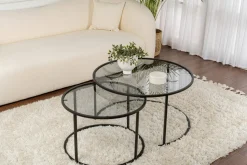 Tavolini Da Salotto > Dmora Tavolino da Salotto set di 2 Tavolini Forma Rotondo 60x60x43h cm, Materiale Piano in Vetro - Xaden Nero