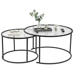 Tavolino da Salotto Nero set di 2 Tavolini Peso Massimo Supportato 10 kg Forma Rotonda 80x80x43h cm, Materiale Piano in Vetro - Aedion