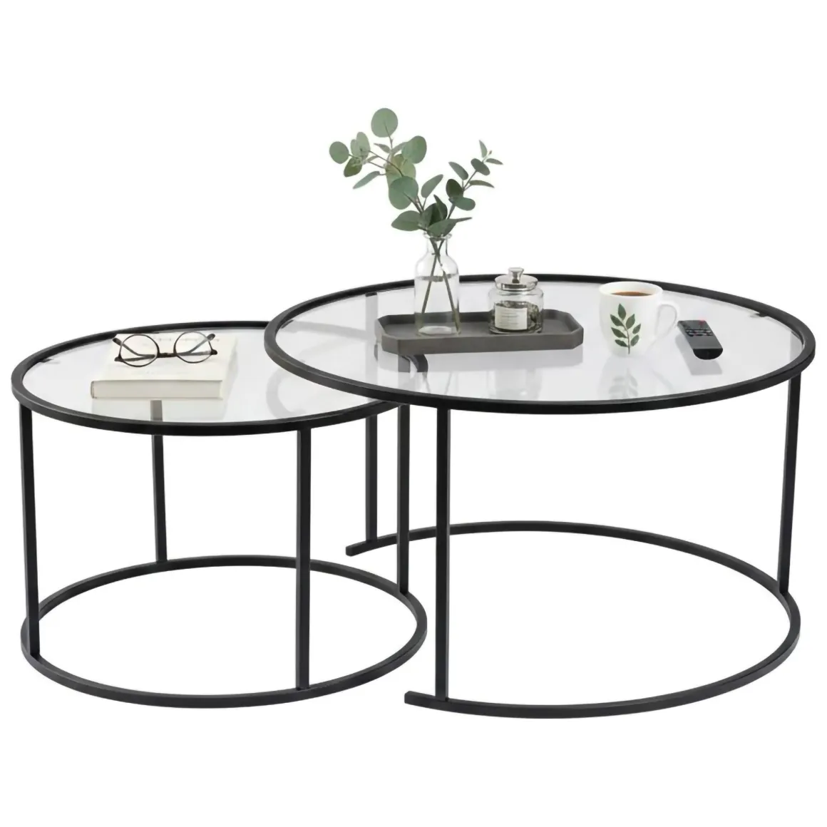 Tavolino da Salotto Nero set di 2 Tavolini Peso Massimo Supportato 10 kg Forma Rotonda 80x80x43h cm, Materiale Piano in Vetro - Aedion