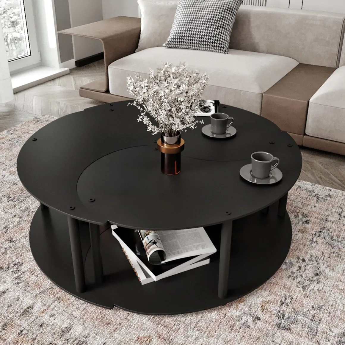 Tavolini Da Salotto > Dmora Tavolino da Salotto set 3 Pezzi Forma Rotondo 50x50x58h cm, Materiale Piano in Legno Nobilitato - Daiano Nero