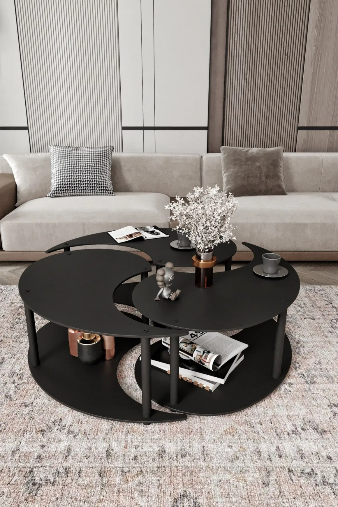 Tavolini Da Salotto > Dmora Tavolino da Salotto set 3 Pezzi Forma Rotondo 50x50x58h cm, Materiale Piano in Legno Nobilitato - Daiano Nero