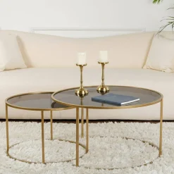 Tavolini Da Salotto > Dmora Tavolino da Salotto set di 2 Tavolini Forma Circolare 80x80x43h cm, Materiale Struttura in Vetro - Aedion Oro Bronzo