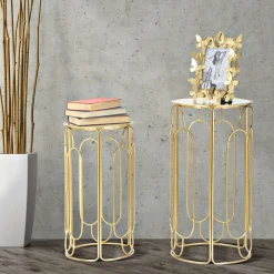 Tavolini Da Salotto > Dmora Tavolino da Salotto oro Trasparente set da 2 Forma Rotondo 42x42x53h cm, Colore Ripiano Trasparente - Gamalema Trasparente, Oro