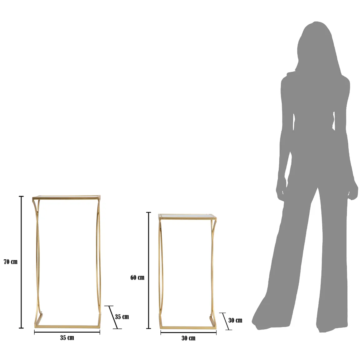 Tavolino da Salotto oro Trasparente set da 2 Modulabili Forma Quadrato 35x35x70h cm, Colore Ripiano Trasparente - Gane