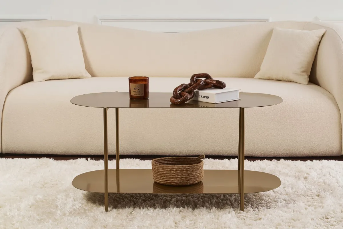 Tavolini Da Salotto > Dmora Tavolino da Salotto un Vano Effetto Lucido 100x45x51h cm, Forma Ovale - Verzate Oro