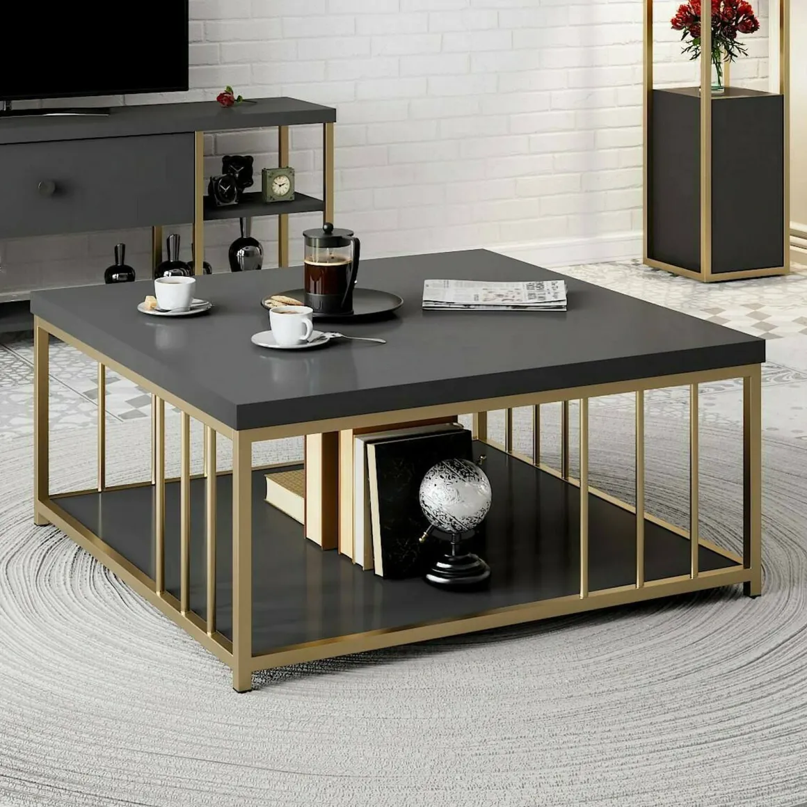 Tavolino da salotto quadrato antracite e oro 90x90x40h cm - Raiden