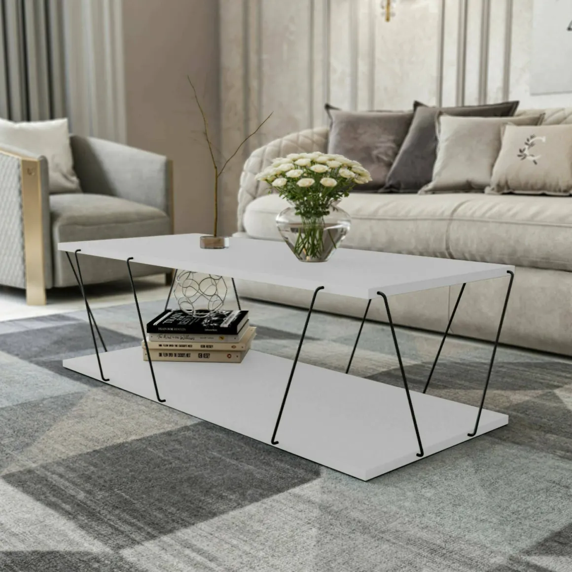 Tavolino da salotto rettangolare bianco e nero 120x50x30h cm - Sarika