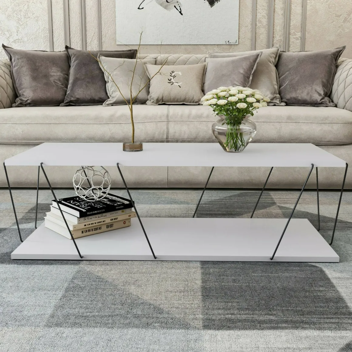 Tavolino da salotto rettangolare bianco e nero 120x50x30h cm - Sarika