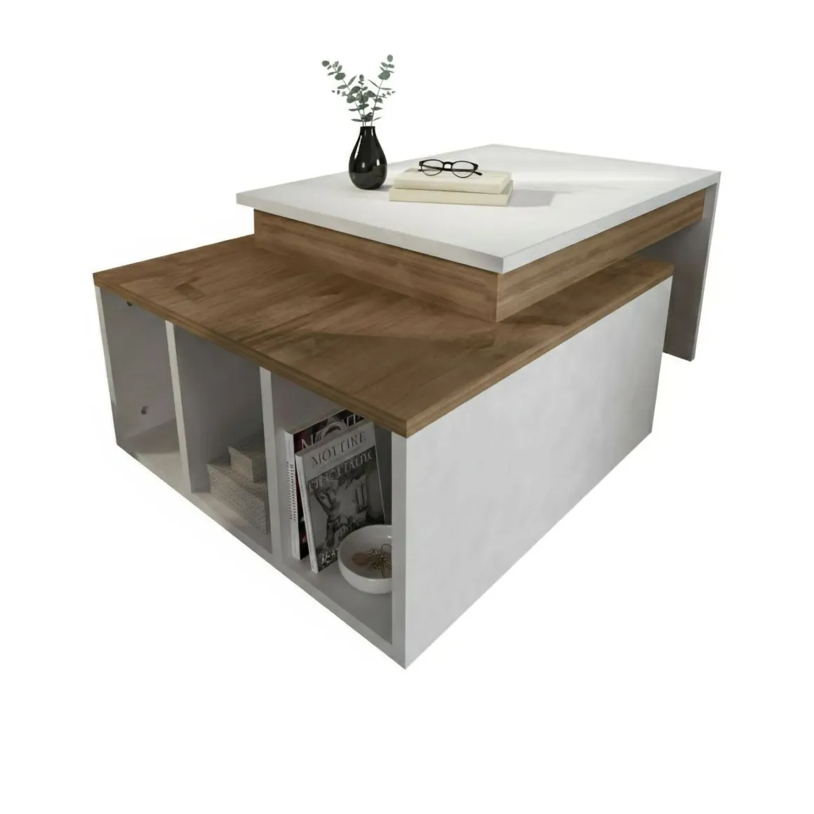 Tavolino da salotto rettangolare bianco e noce 90x60x37h cm - Virgile