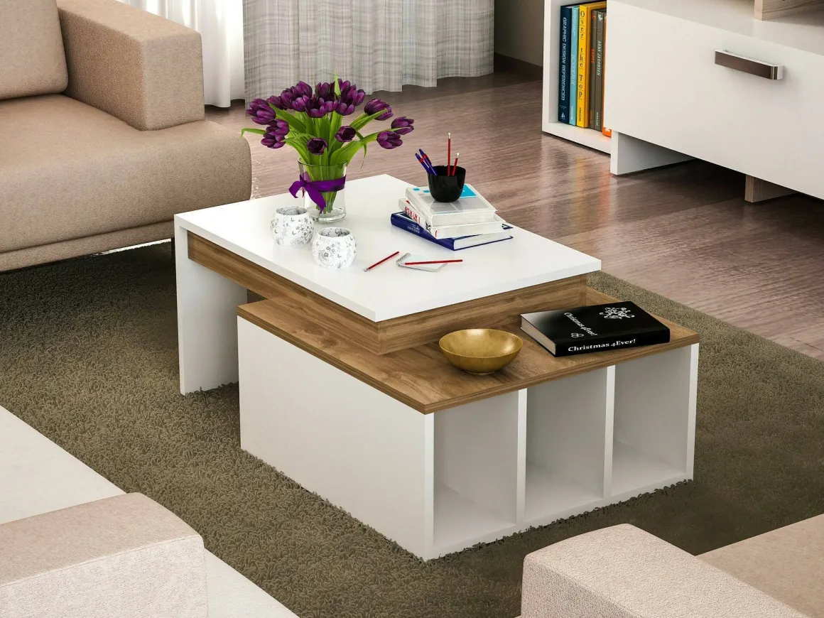 Tavolino da salotto rettangolare bianco e noce 90x60x37h cm - Virgile