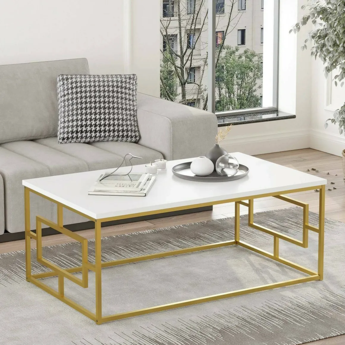 Tavolini Da Salotto|Salotto > Dmora Tavolino da salotto rettangolare bianco e oro 106x60x40h cm - Gigliola Oro, Bianco