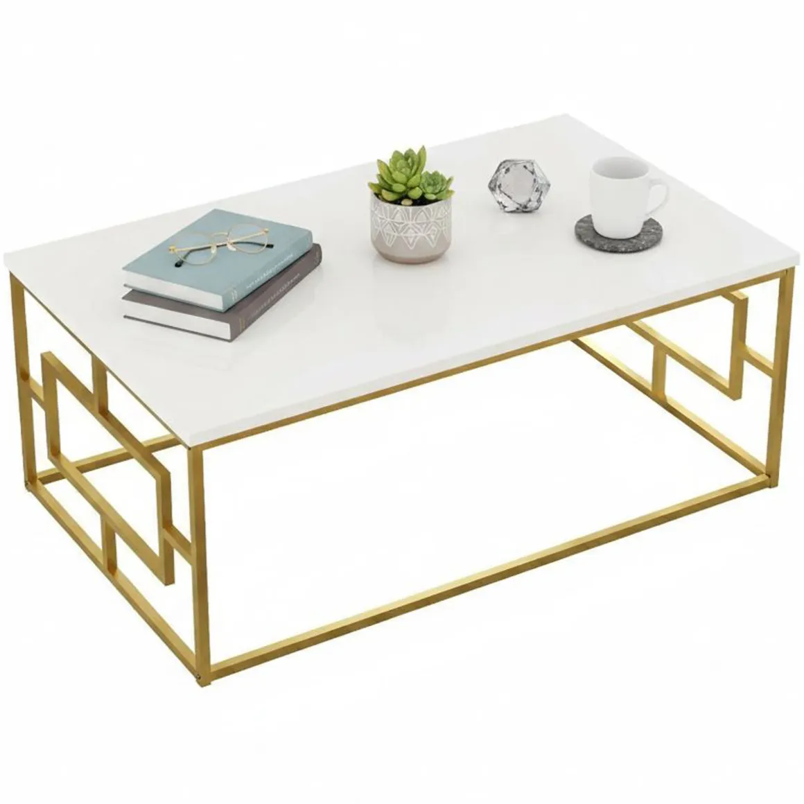 Tavolini Da Salotto|Salotto > Dmora Tavolino da salotto rettangolare bianco e oro 106x60x40h cm - Gigliola Oro, Bianco