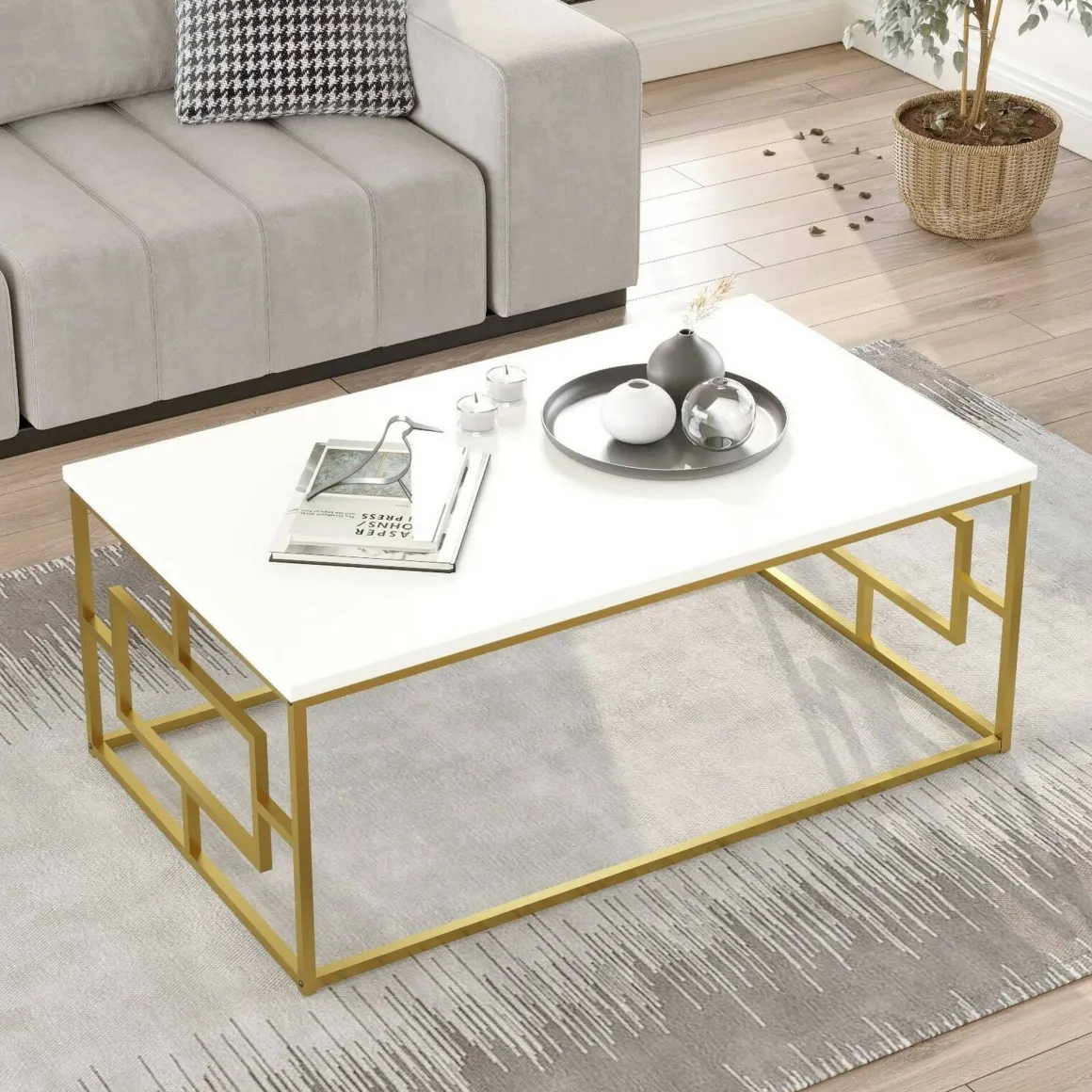 Tavolini Da Salotto|Salotto > Dmora Tavolino da salotto rettangolare bianco e oro 106x60x40h cm - Gigliola Oro, Bianco