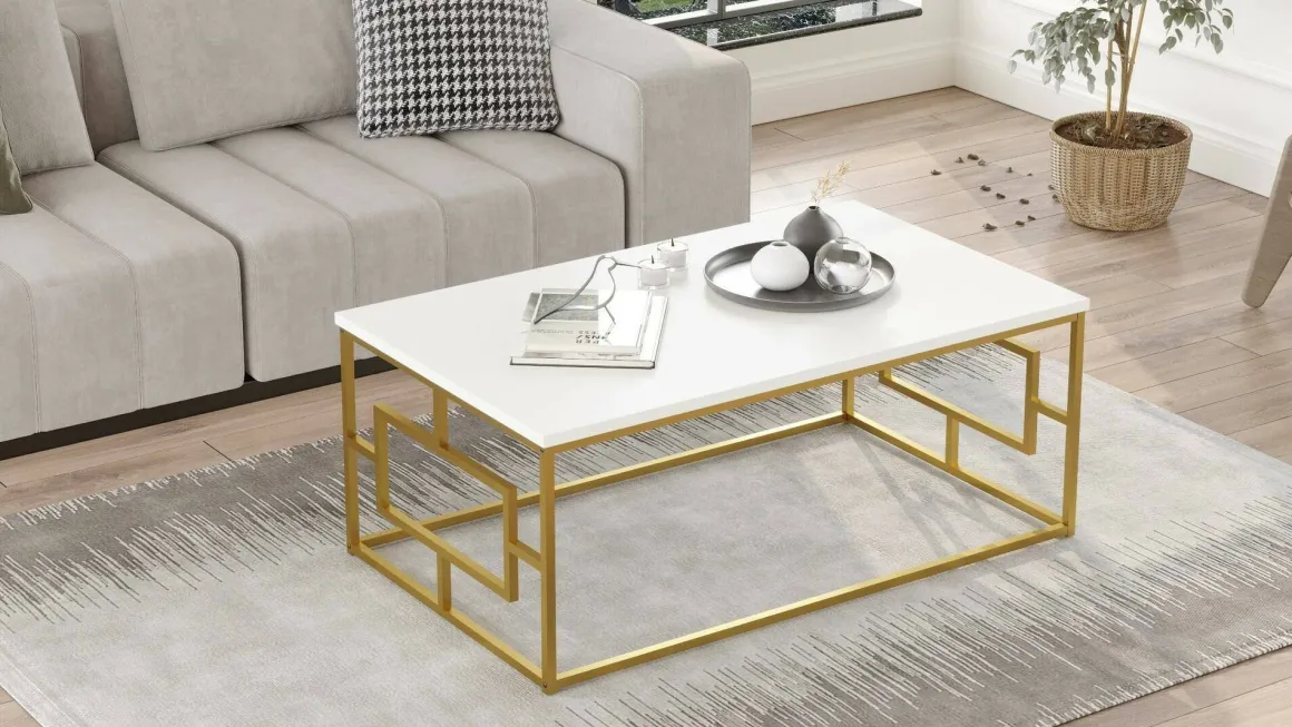 Tavolini Da Salotto|Salotto > Dmora Tavolino da salotto rettangolare bianco e oro 106x60x40h cm - Gigliola Oro, Bianco