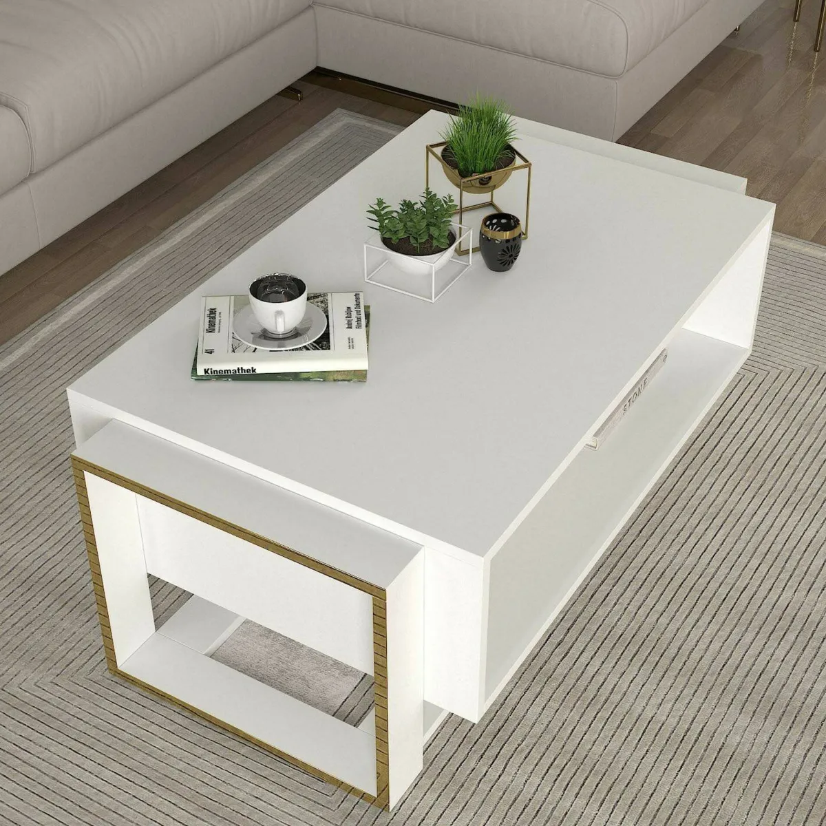 Tavolini Da Salotto|Salotto > Dmora Tavolino da salotto rettangolare bianco e oro 106x60x40h cm - Gigliola Oro, Bianco