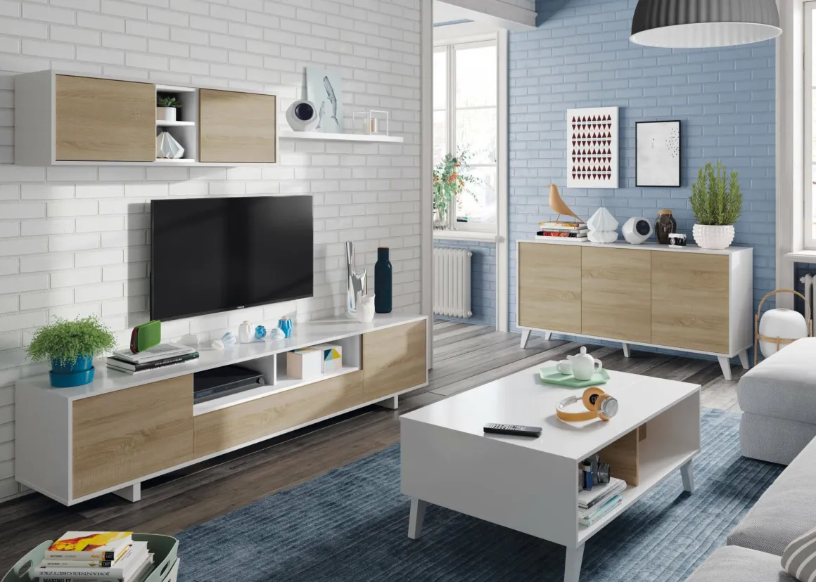 Tavolino da salotto rettangolare bianco lucido e rovere 100x38x68h cm - Parche