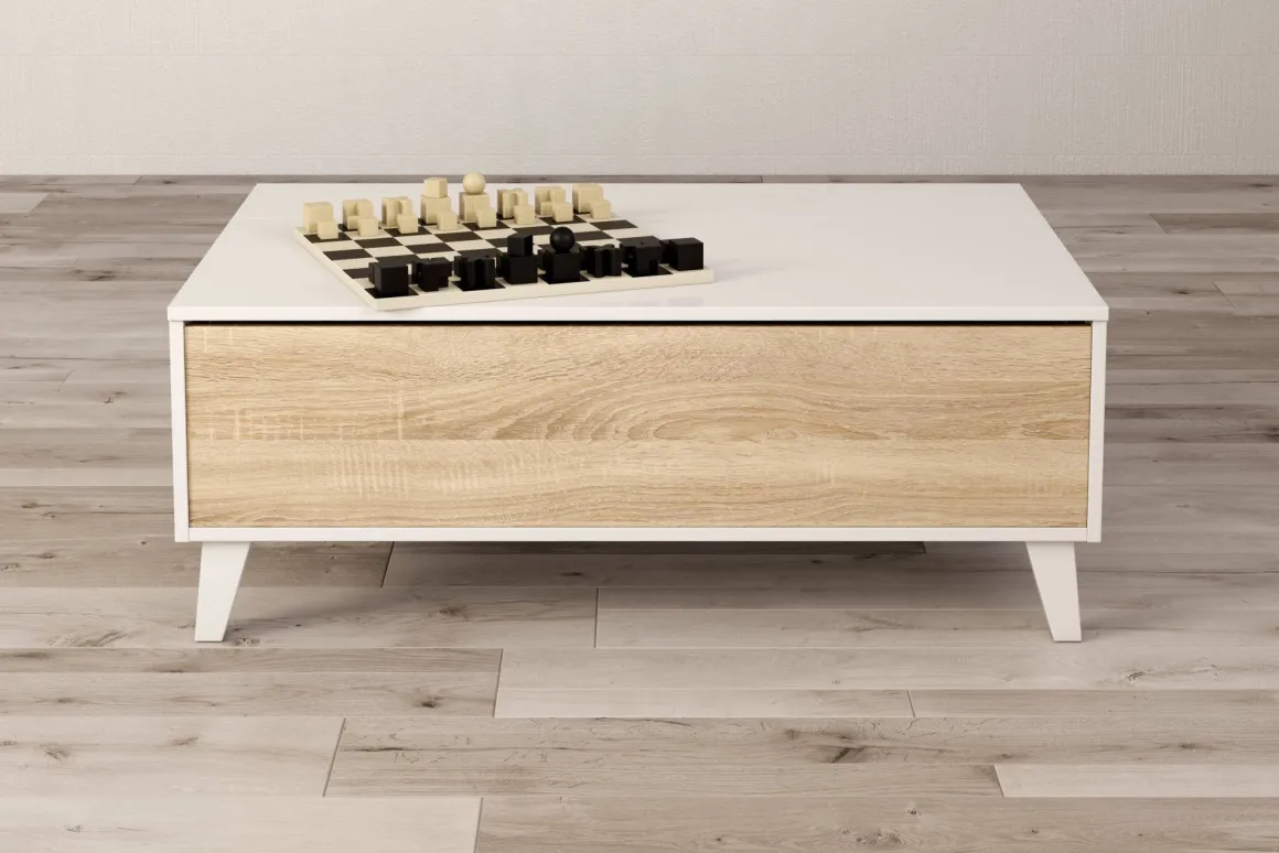 Tavolino da salotto rettangolare bianco lucido e rovere 100x38x68h cm - Parche