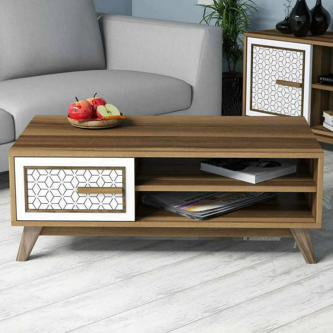 Tavolino da salotto rettangolare noce e bianco 105x60x38h cm - Thimphu