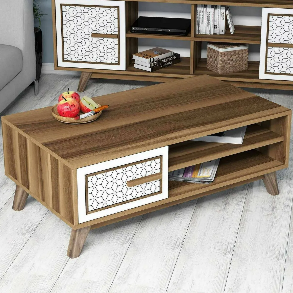 Tavolino da salotto rettangolare noce e bianco 105x60x38h cm - Thimphu