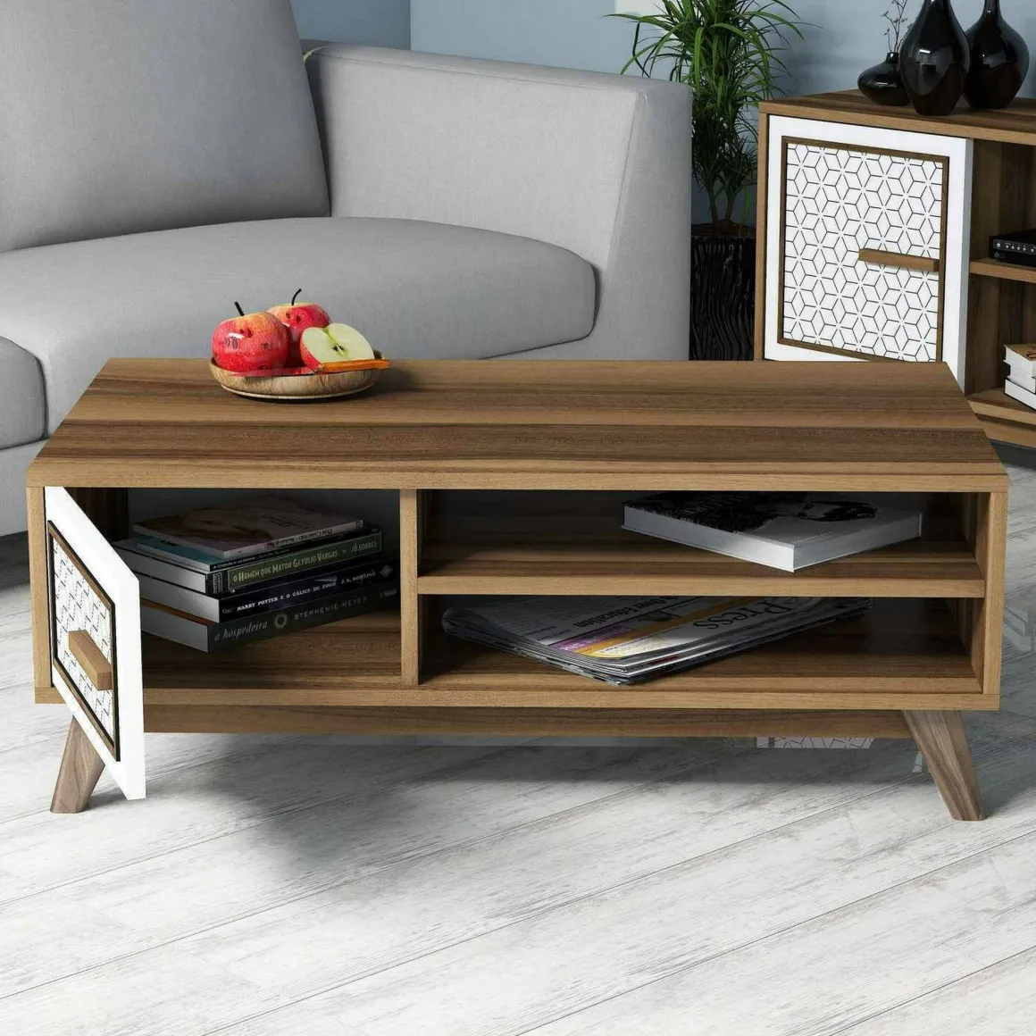 Tavolino da salotto rettangolare noce e bianco 105x60x38h cm - Thimphu