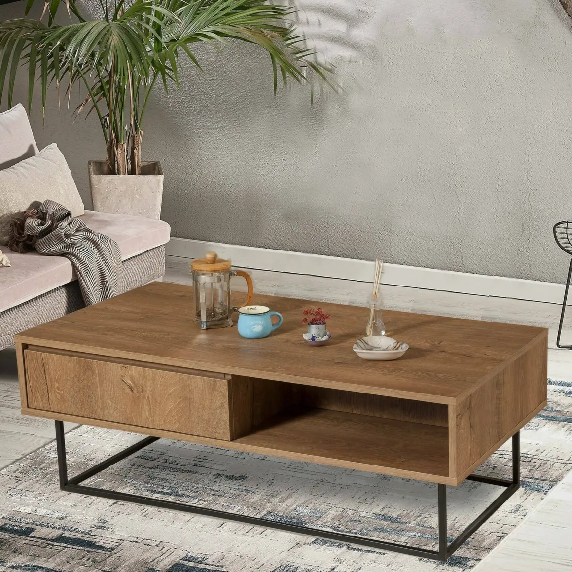 Tavolino da salotto rettangolare noce e nero 120x60x43h cm con scaffale scorrevole - Bard