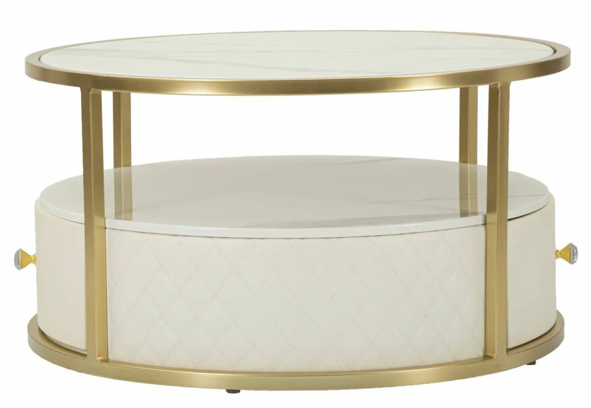 Tavolini Da Salotto > Dmora Tavolino da salotto rotondo bianco e oro 75x75x40h cm con 1 cassetto - Stabia Oro, Bianco