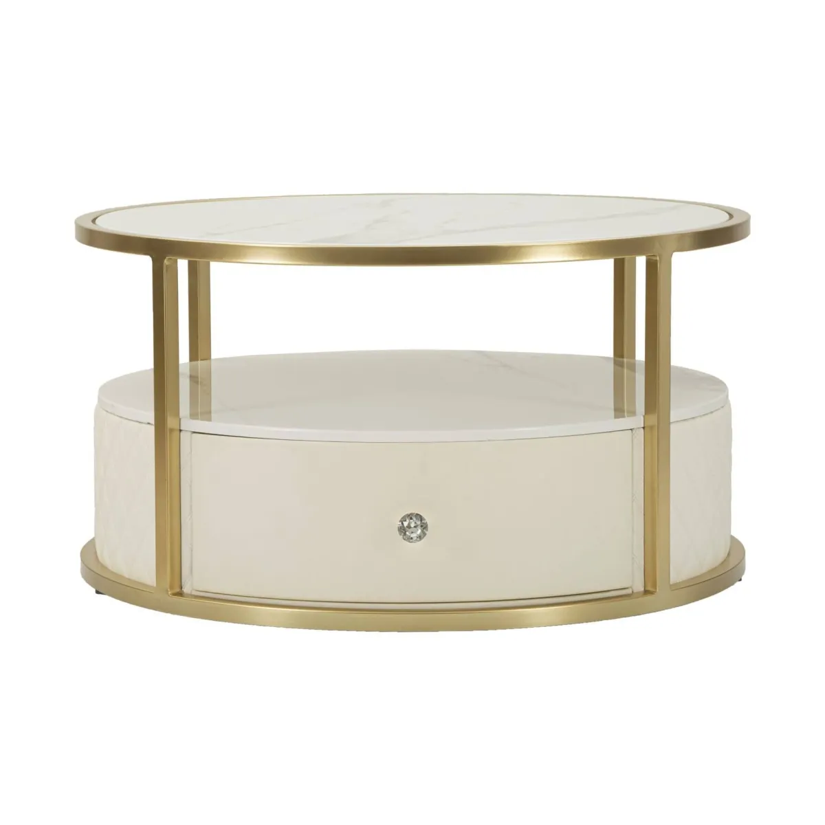 Tavolini Da Salotto > Dmora Tavolino da salotto rotondo bianco e oro 75x75x40h cm con 1 cassetto - Stabia Oro, Bianco