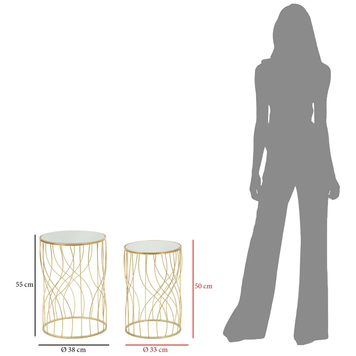 Tavolino da Salotto Trasparente oro set da 2 Forma Rotondo 38x38x55h cm, Colore Ripiano Trasparente - Fate