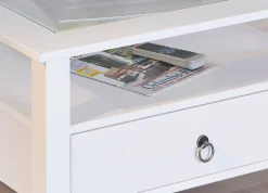 Tavolini Da Salotto > Dmora Tavolino in pino massello verniciato ad acqua e top in vetro temperato Bianco