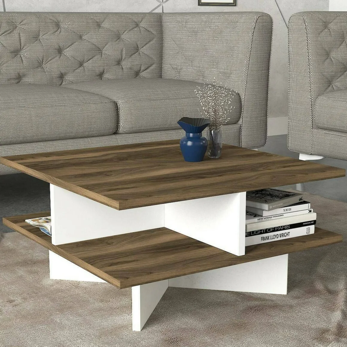 Tavolino salotto quadrato noce e bianco 60x60x31h cm - Sovrani