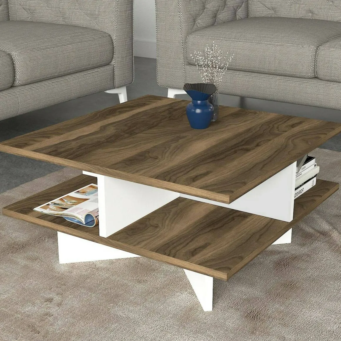 Tavolino salotto quadrato noce e bianco 60x60x31h cm - Sovrani