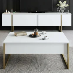 Tavolini Da Salotto > Dmora Tavolino salotto rettangolare bianco e quercia 98x60x43h cm con 1 cassetto - Sfene Marrone, Bianco Quercia