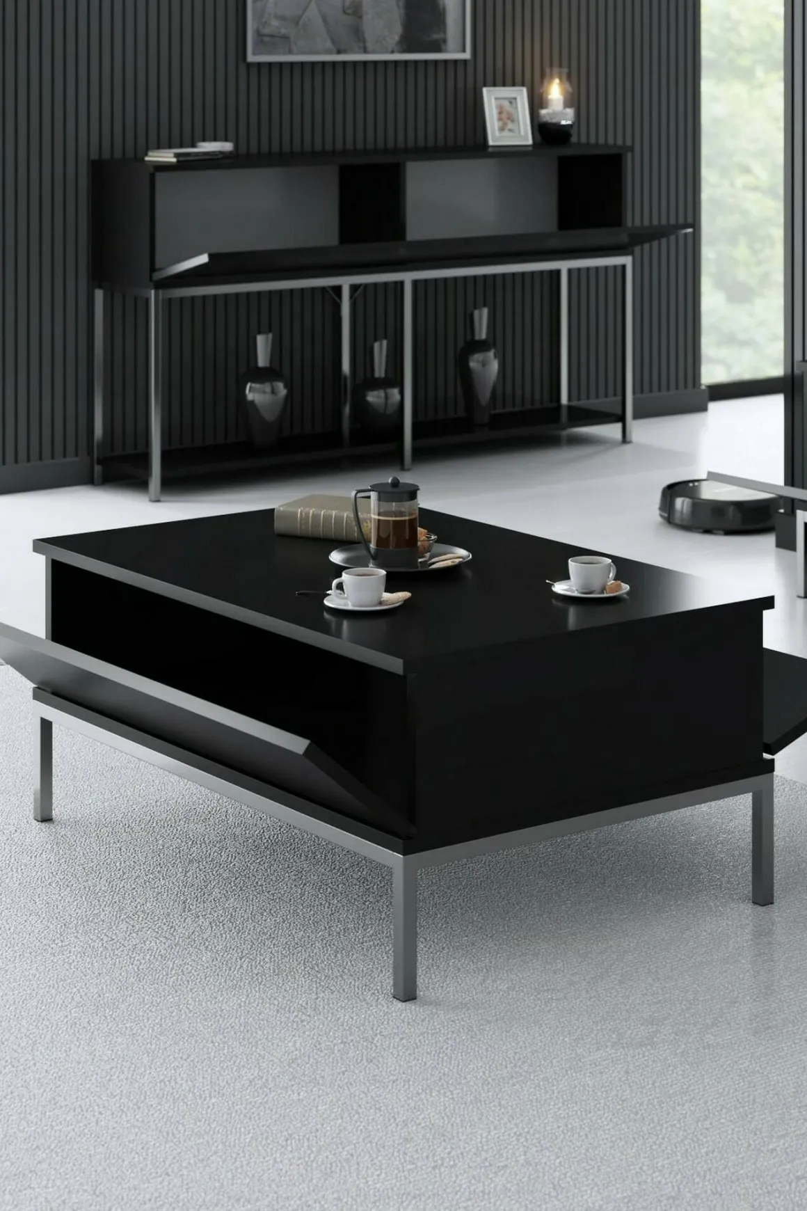 Tavolini Da Salotto > Dmora Tavolino salotto rettangolare nero e noce 101x48x50h cm con 1 cassetto - Maximilien Marrone, Nero Noce