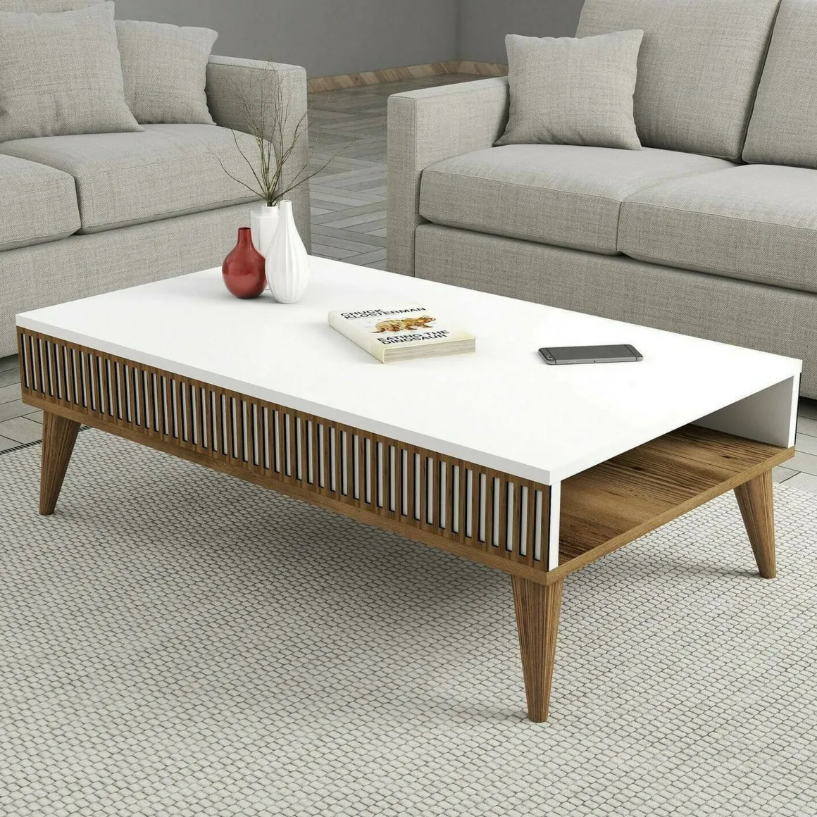 Tavolini Da Salotto|Salotto > Dmora Tavolino salotto rettangolare noce e bianco 105x60x38h cm - Triaria Bianco, Marrone Noce