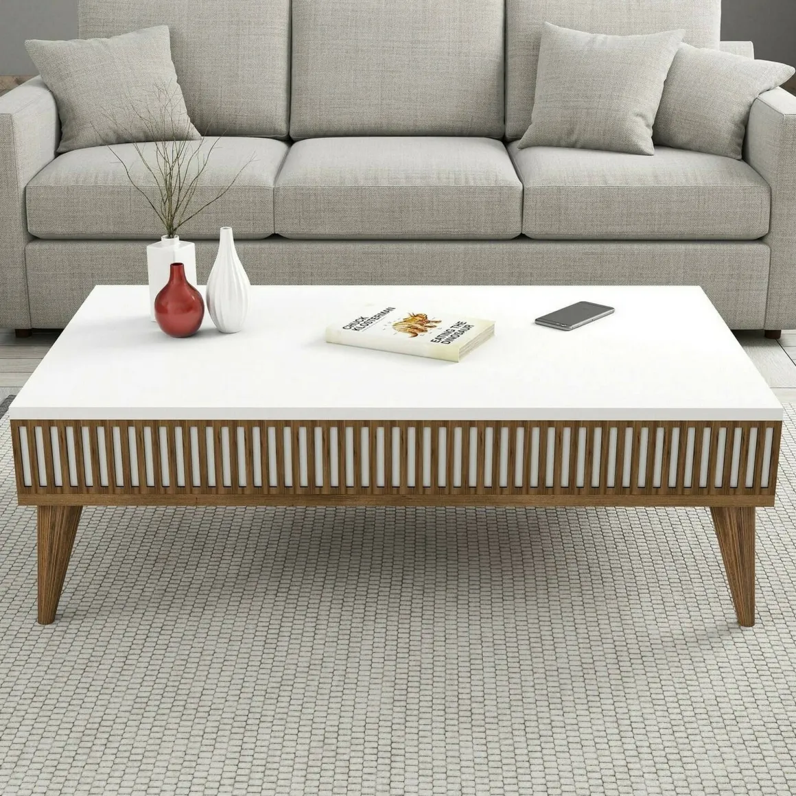 Tavolini Da Salotto|Salotto > Dmora Tavolino salotto rettangolare noce e bianco 105x60x38h cm - Triaria Bianco, Marrone Noce