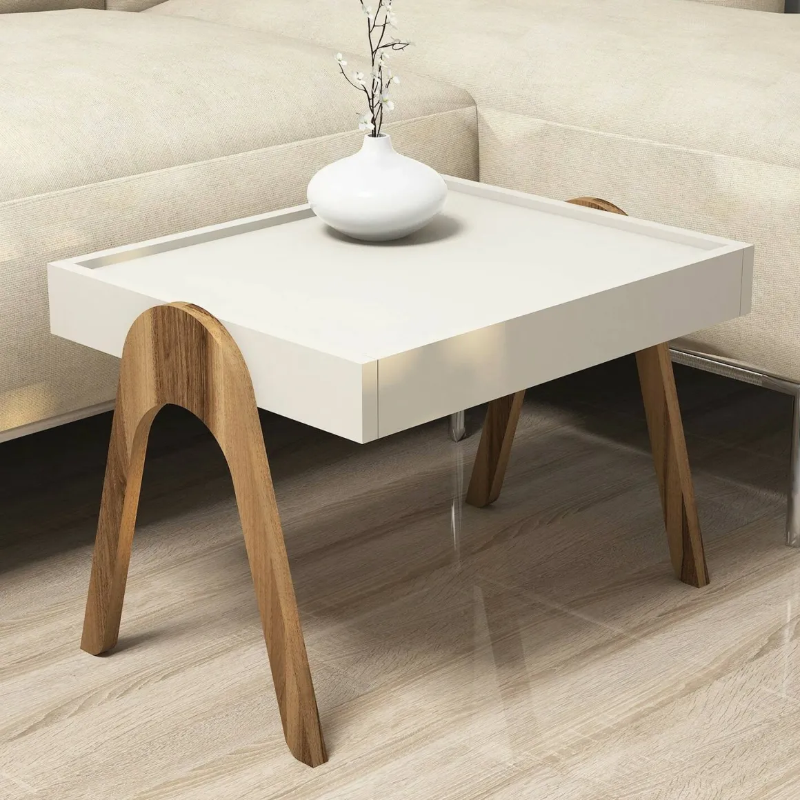 Tavolino salotto rettangolare noce e crema 53x40x64h cm - Strembo