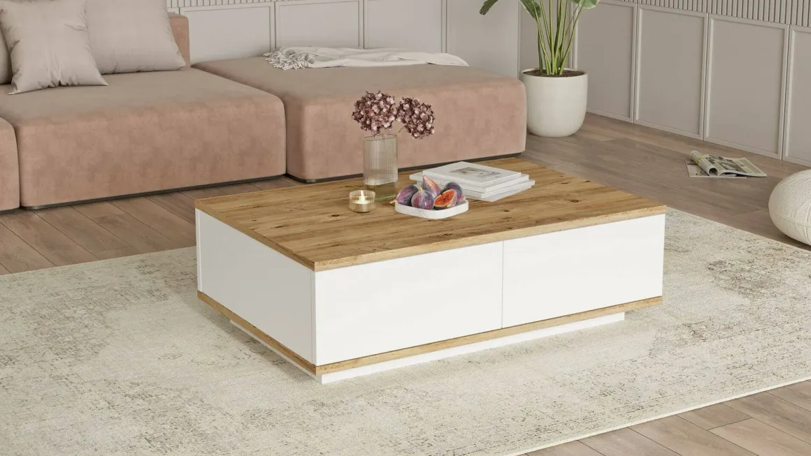 Tavolino salotto rettangolare quercia e bianco 90x60x28h cm - Babila