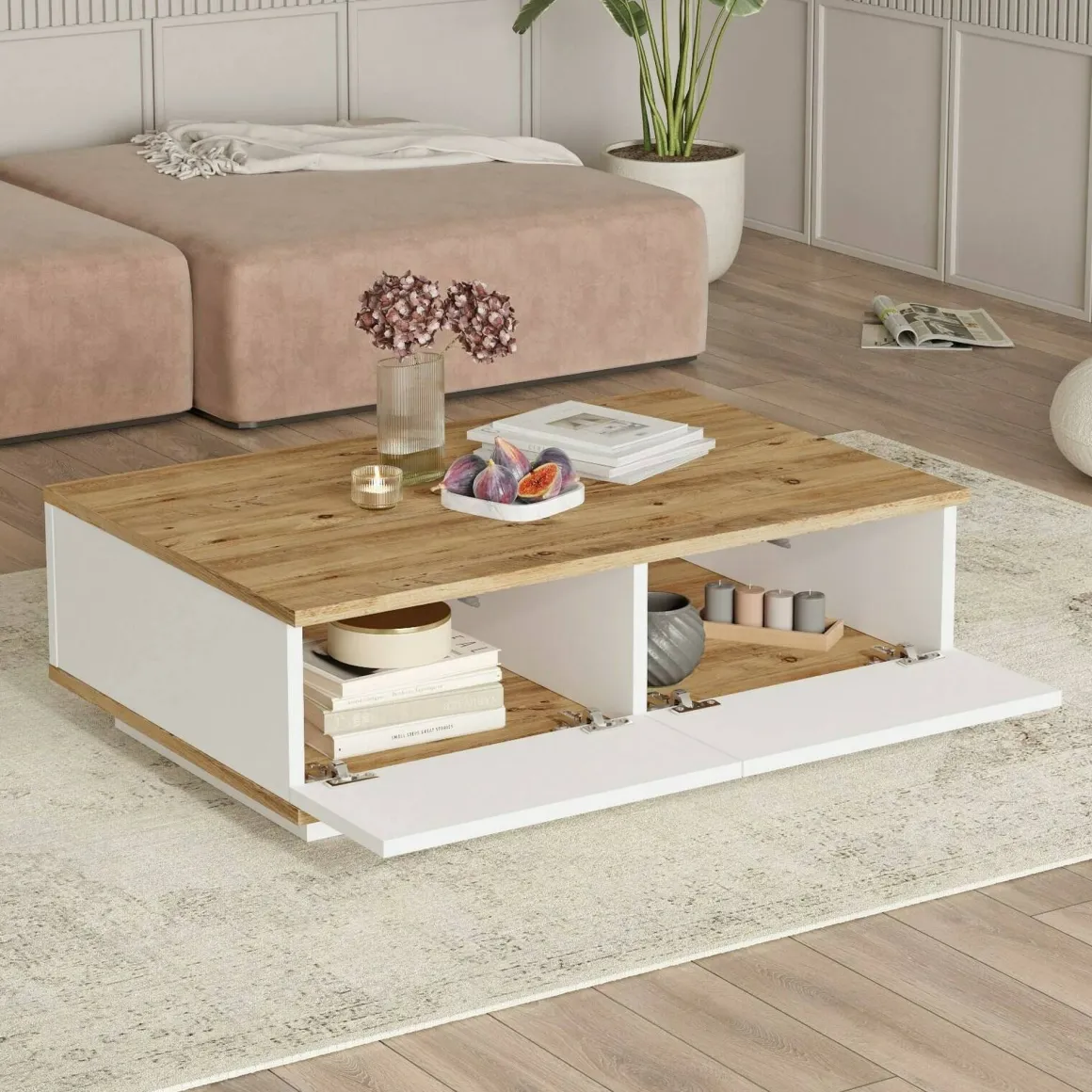 Tavolino salotto rettangolare quercia e bianco 90x60x28h cm - Babila