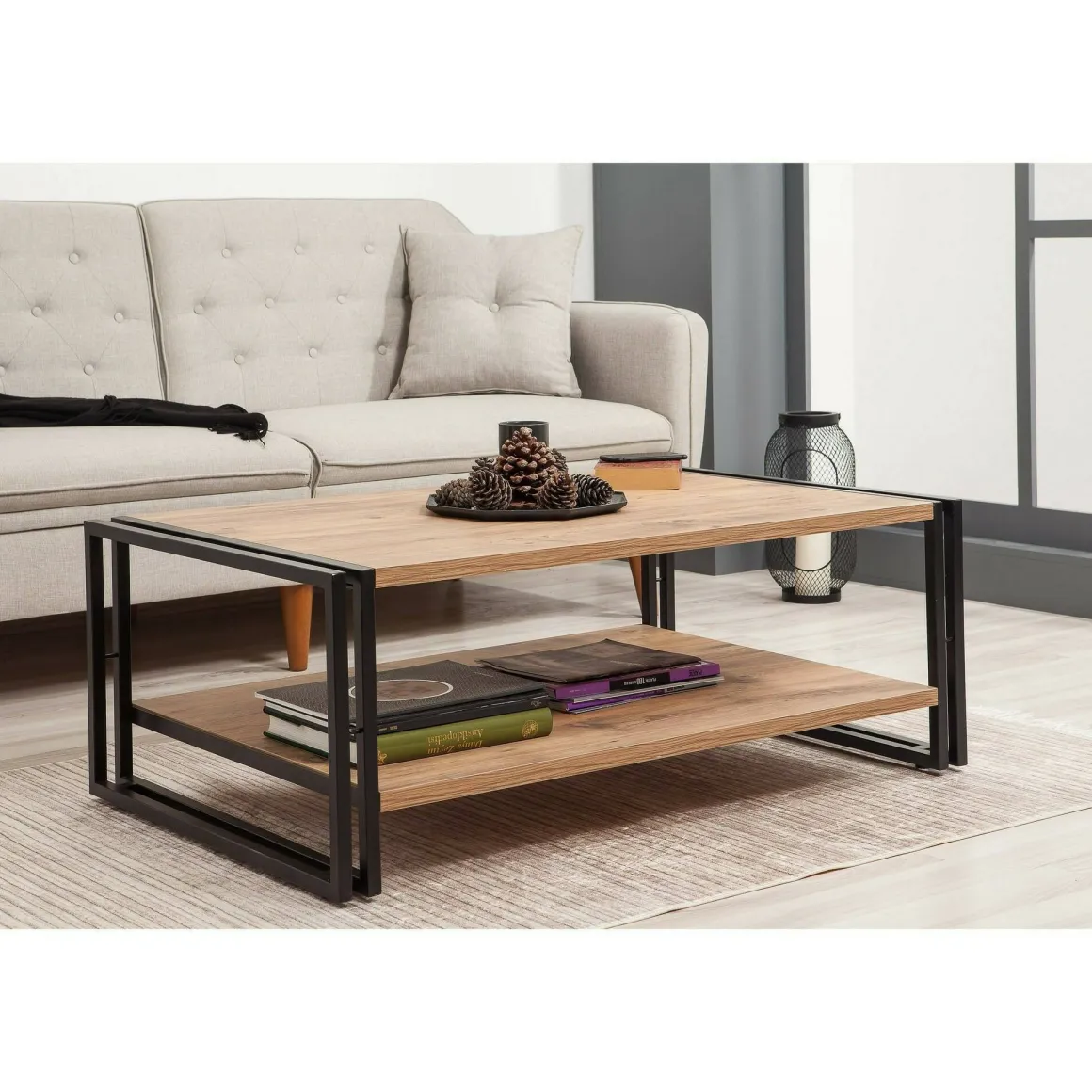 Tavolino salotto rettangolare quercia e nero 110x70x40h cm - Gioacchina
