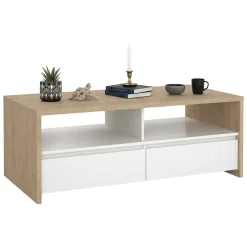 Tavolino salotto rettangolare rovere e bianco lucido 120x60x45h cm con 2 cassetti - Shote