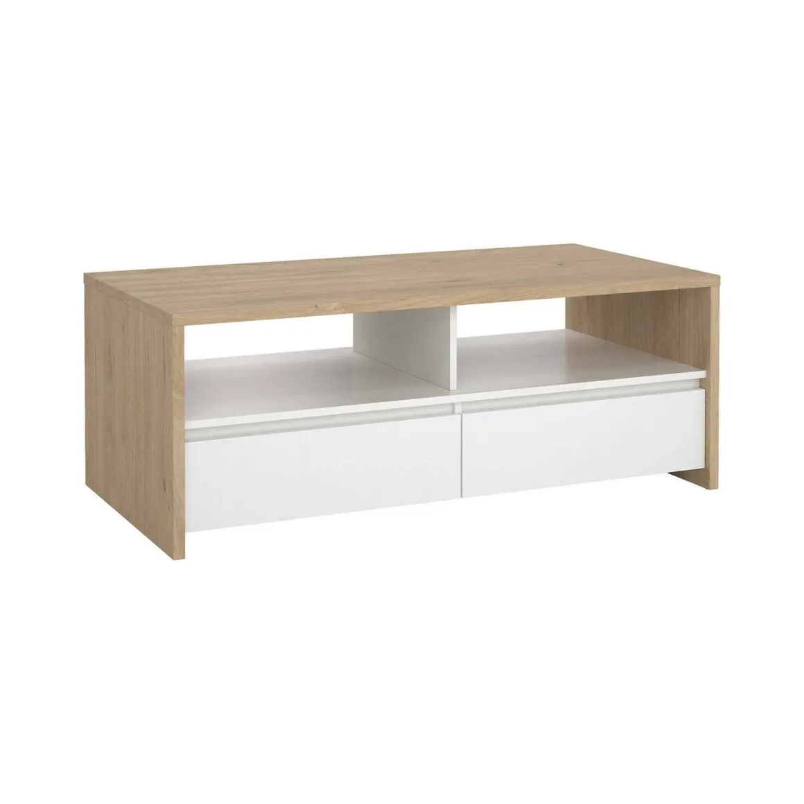 Tavolino salotto rettangolare rovere e bianco lucido 120x60x45h cm con 2 cassetti - Shote