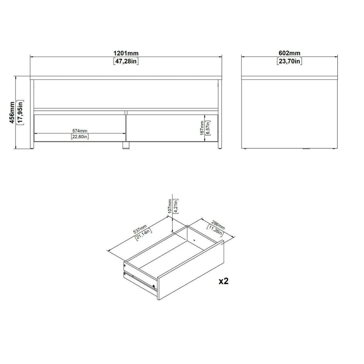 Tavolino salotto rettangolare rovere e bianco lucido 120x60x45h cm con 2 cassetti - Shote