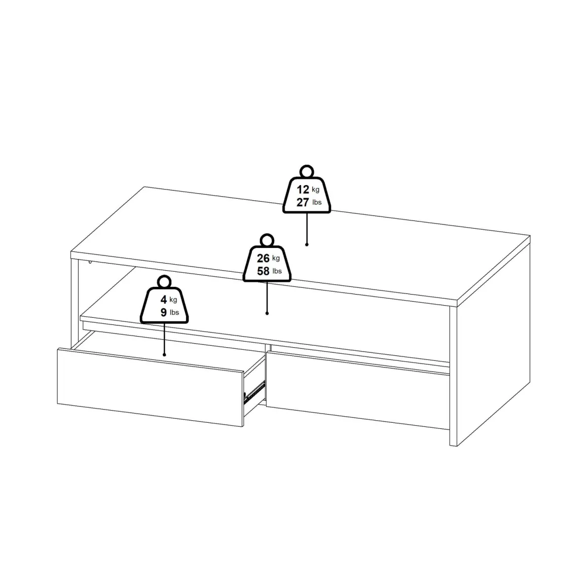 Tavolino salotto rettangolare rovere e bianco lucido 120x60x45h cm con 2 cassetti - Shote