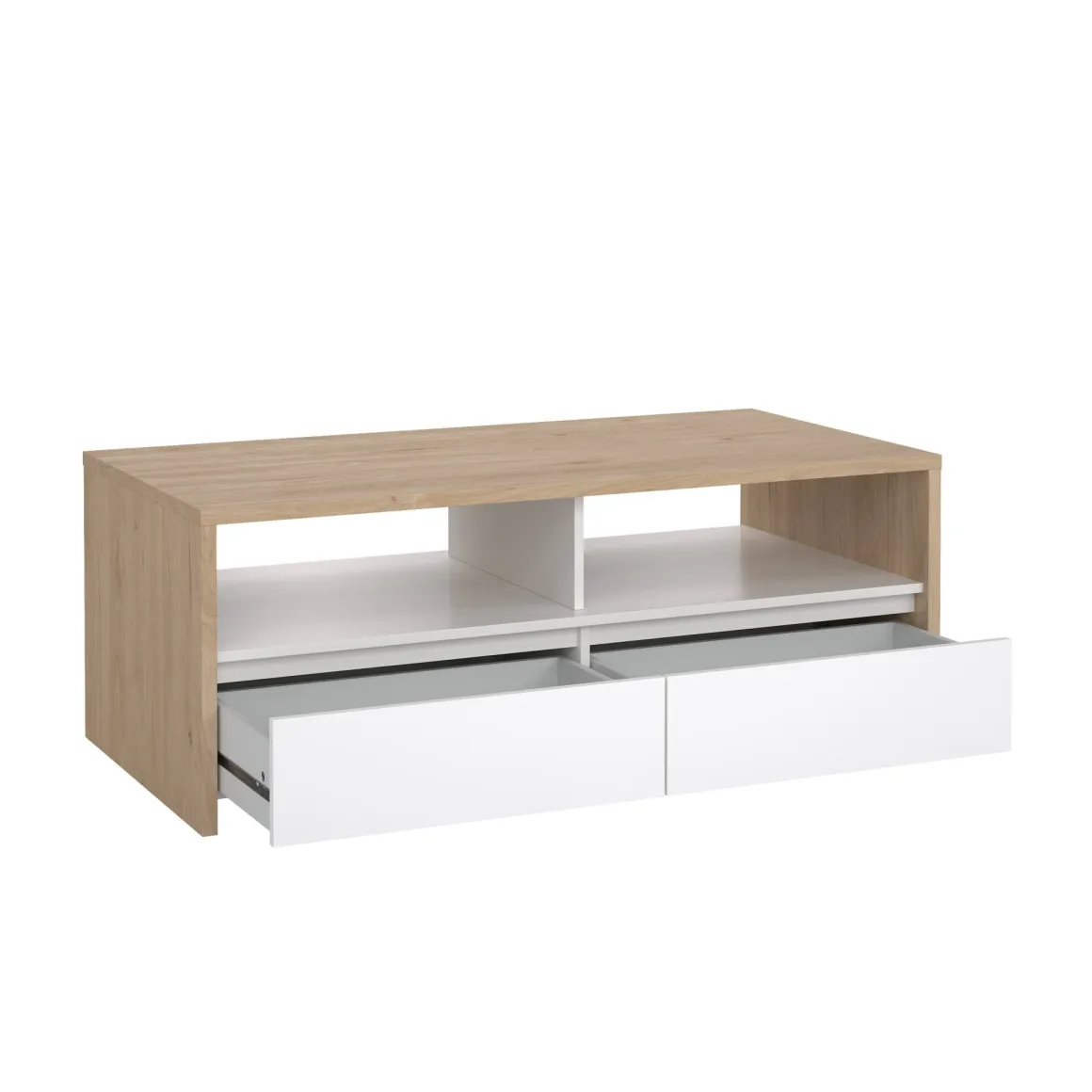 Tavolino salotto rettangolare rovere e bianco lucido 120x60x45h cm con 2 cassetti - Shote