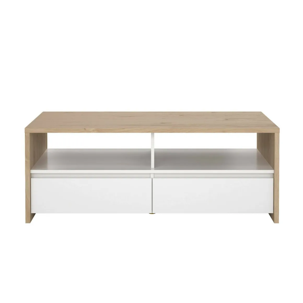 Tavolino salotto rettangolare rovere e bianco lucido 120x60x45h cm con 2 cassetti - Shote
