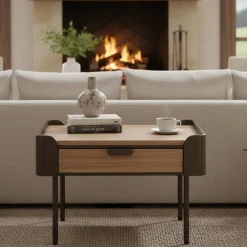 Tavolino soggiorno quadrato grigio e marrone 60x60x41h cm con 2 cassetti - Icona