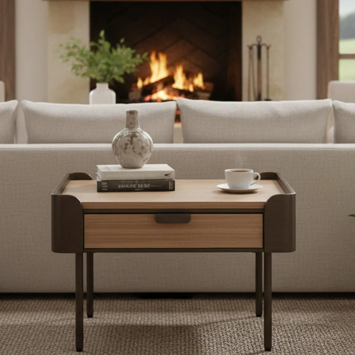 Tavolino soggiorno quadrato grigio e marrone 60x60x41h cm con 2 cassetti - Icona
