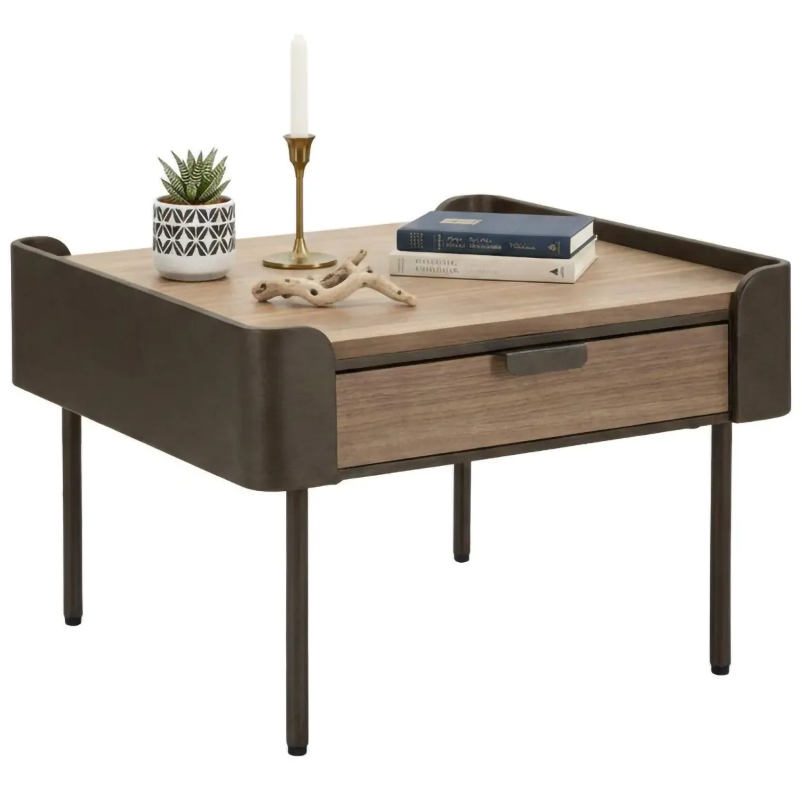 Tavolino soggiorno quadrato grigio e marrone 60x60x41h cm con 2 cassetti - Icona