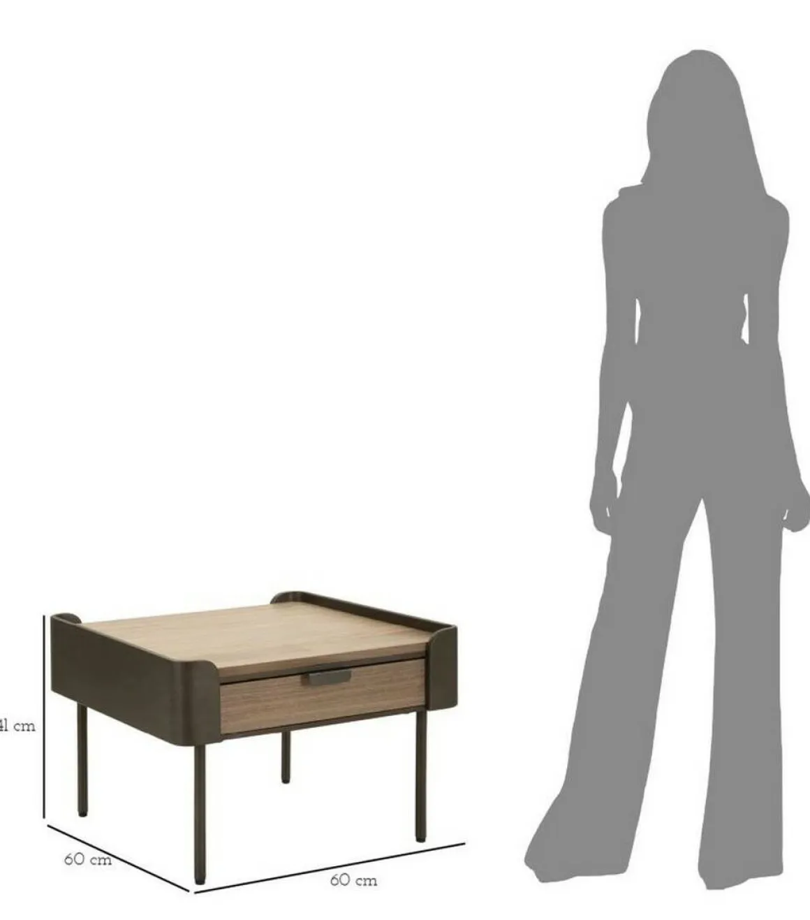 Tavolino soggiorno quadrato grigio e marrone 60x60x41h cm con 2 cassetti - Icona
