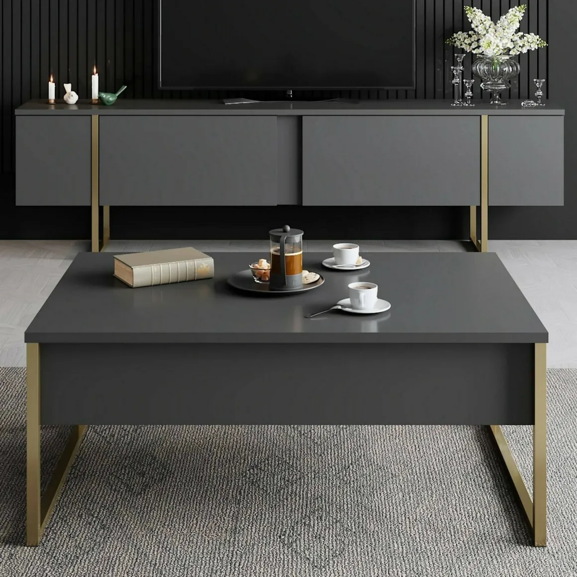 Tavolino soggiorno rettangolare antracite e oro 90x60x40h cm - Lavinia